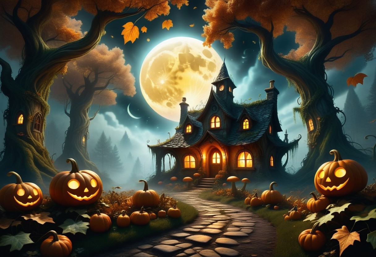 house shaped like a giant pumpkin. The pumpkin house has intricately carved windows and a door, with a faint, warm light emanating from within. Overgrown vines wrap around the pumpkin, adding to its enchanted appearance. The house is surrounded by an eerie mist that swirls around its base, enhancing the spooky atmosphere. The pumpkin’s stem curls into a chimney, from which a thin wisp of smoke rises. The background features a dense, dark forest with twisted, gnarled trees whose branches reach out like skeletal fingers. The ground is covered in fallen leaves and the occasional glowing mushroom. The scene is set under a moonlit sky with scattered clouds, casting a mystical glow over the entire setting. Bats can be seen flying across the moon, and distant howls add to the eerie ambiance. The faint outline of a cobblestone path leads up to the pumpkin house, partially obscured by the mist, realism, realistic, exquisite composition and lighting, soft diffused natural light and shadows, extremely detailed, intricate details, shallow depth of field, 32k UHD from the side and below)),  detailed_lighting, photon_mapping, radiosity, physically_based_rendering, backlighting, depth_of_field, ambient_occlusion, subsurface_scattering, natural_lighting, hard_focus, rim _ighting, volumetric, chiaroscuro, masterpiece , d&d, fantasy, highly detailed, digital painting, artstation, sharp focus, fantasy art, character art, illustration, 8k, art by artgerm and greg rutkowski