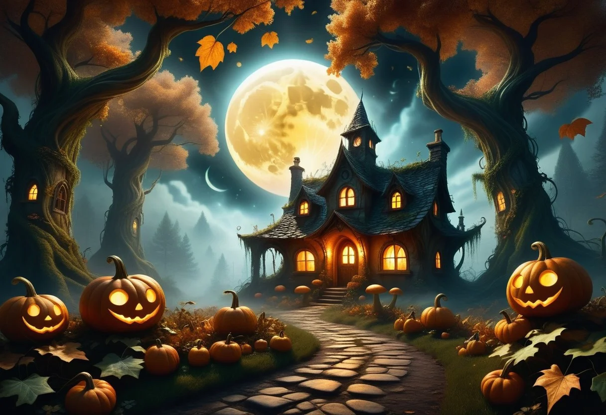 house shaped like a giant pumpkin. The pumpkin house has intricately carved windows and a door, with a faint, warm light emanating from within. Overgrown vines wrap around the pumpkin, adding to its enchanted appearance. The house is surrounded by an eerie mist that swirls around its base, enhancing the spooky atmosphere. The pumpkin’s stem curls into a chimney, from which a thin wisp of smoke rises. The background features a dense, dark forest with twisted, gnarled trees whose branches reach out like skeletal fingers. The ground is covered in fallen leaves and the occasional glowing mushroom. The scene is set under a moonlit sky with scattered clouds, casting a mystical glow over the entire setting. Bats can be seen flying across the moon, and distant howls add to the eerie ambiance. The faint outline of a cobblestone path leads up to the pumpkin house, partially obscured by the mist, realism, realistic, exquisite composition and lighting, soft diffused natural light and shadows, extremely detailed, intricate details, shallow depth of field, 32k UHD from the side and below)),  detailed_lighting, photon_mapping, radiosity, physically_based_rendering, backlighting, depth_of_field, ambient_occlusion, subsurface_scattering, natural_lighting, hard_focus, rim _ighting, volumetric, chiaroscuro, masterpiece , d&d, fantasy, highly detailed, digital painting, artstation, sharp focus, fantasy art, character art, illustration, 8k, art by artgerm and greg rutkowski