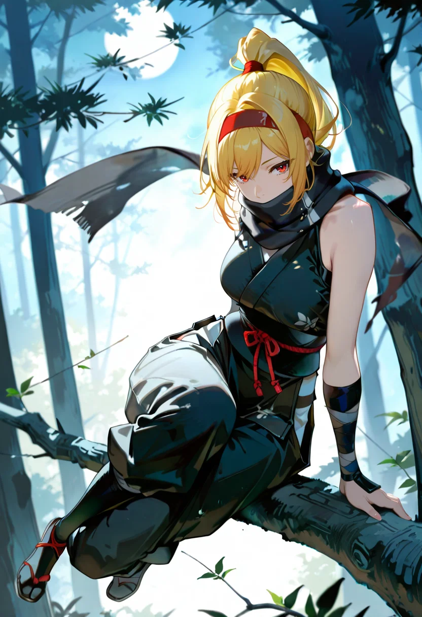 1girl, solo, anime coloring, anime artwork, unholy-aesthetic, masterpiece, best quality, newest, absurdres, highres, safe, CG, cinematic lighting, natural shadow, highest detail, detailed background, intricate scenery, depth of field, insane details, intricate, subsurface scattering, very aesthetic, serene atmosphere, artistic rendering, dramatic contrast, luminous elements, soft painterly texture, striking visual design, finely detailed face, beautiful face, <lora:kaelaIL:0.55> kaelaIL, medium hair, red eyes, (yellow hair:1.5), high ponytail, red hairband, full body,
dynamic angle, cinematic angle, night, lustrous skin,
<lora:NinjaIL:1> wearing Jednna, ninja outfit, arm wraps, (scarf, black scarf, covered mouth:1.2), black ninja outfit,
forest, tree, sitting, sitting on branch, on branch
<lora:TER_ILL_V1:0.75>