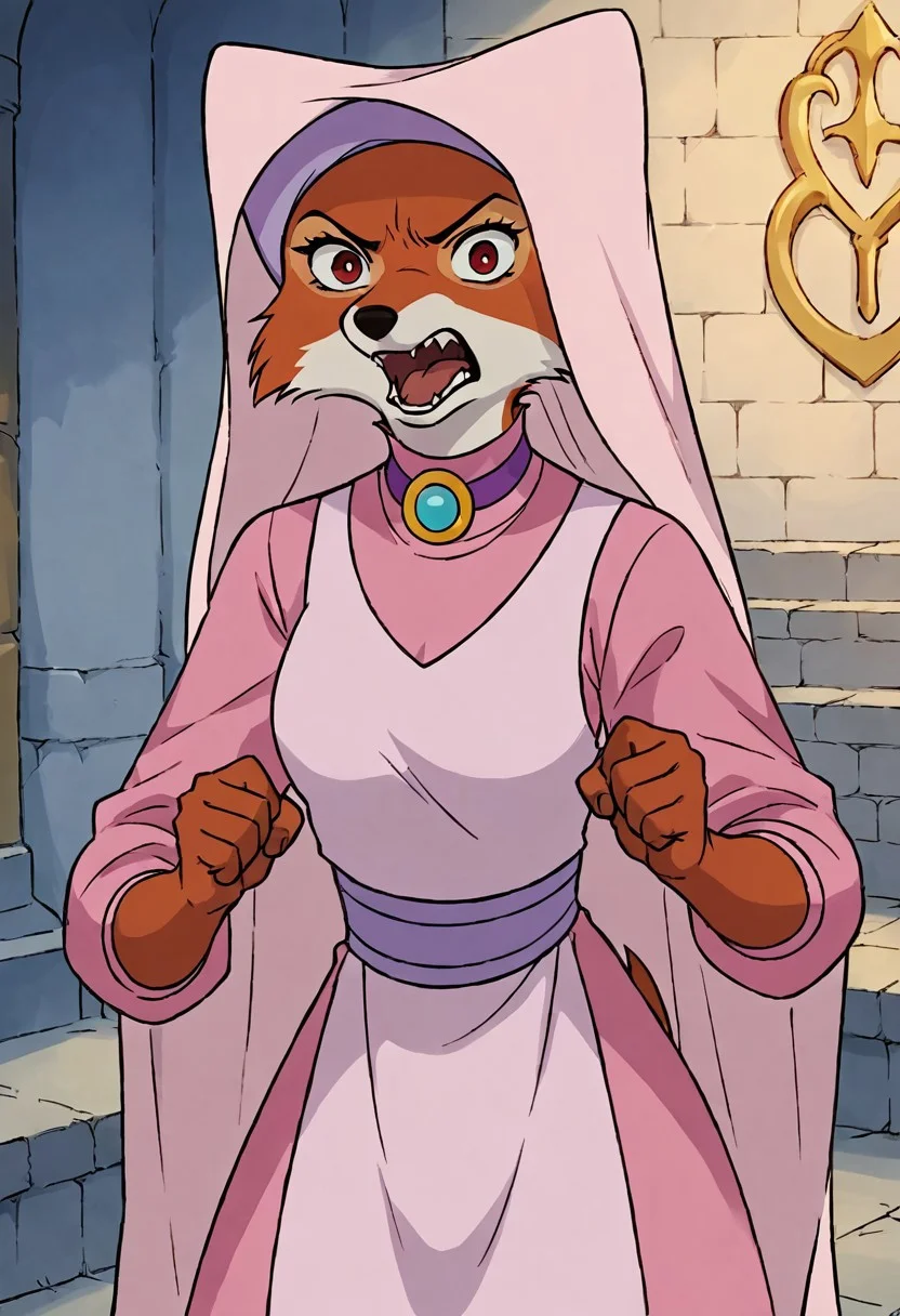 1girl, 1boy, score_9, score_8_up, score_7_up, show accurate, official art, 1girl, solo, maid_marian, fox, tail, fur, red eyes, closeup, angry expression, snarl, pointing at viewer, yelling, defiant, pink dress, pink headwear, looking at viewer, detailed face, medium breasts, castle background, indoors, couter shading,