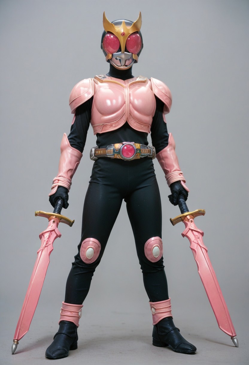 score_9, score_8, score_7, full body, solo, Pink armor, black bodysuit, Pink eyes, bow /(weapon/), holding bow /(weapon/), helmet, tokusatsu, belt