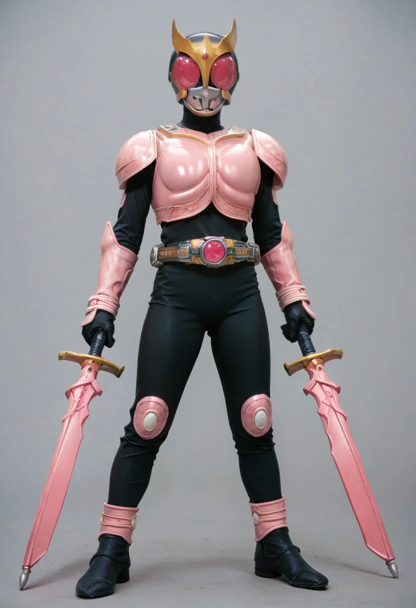 score_9, score_8, score_7, full body, solo, Pink armor, black bodysuit, Pink eyes, bow /(weapon/), holding bow /(weapon/), helmet, tokusatsu, belt