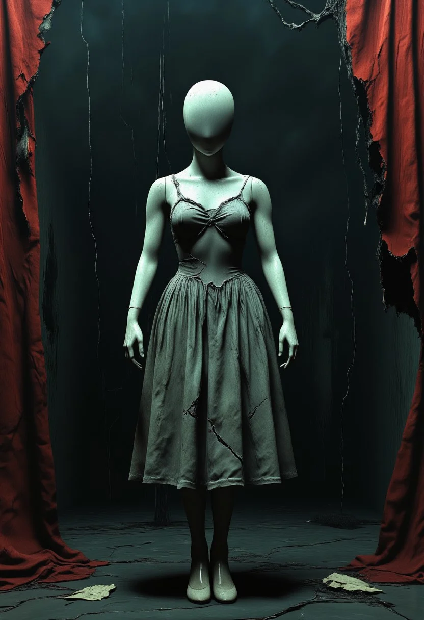 score_9, score_8_up, score_7_up, source_realistic, hyper-realistic details, extrem photorealism, ultra-HD textures, high quality v3, masterpiece, aidmamj6.1, novuschroma,
horror atmosphere, dusty film, complex horror filmposter, cinematic look, grainy old film patina, dinamic pose, dinamic angle,
An eroded white bald female faceless mannequin stands in an unsettling ballet ballerina pose, her fragile body covered in cracks and decay. Her delicate doll joints appear aged and slightly disjointed, as if frozen mid-spin. She wears a tattered, dirty mink grey long ballet tutu and sleeveless bodysuit.
Behind her, a black, decayed wall looms, its surface cracked and peeling with time. On each side, ripped red curtains hang in tatters, framing the ghostly scene like an abandoned theater stage. The dim, moody lighting casts haunting shadows, subtly illuminating the mannequin’s unsettling grin and lifeless gaze.
A disturbing yet mesmerizing blend of elegance and decay, capturing the unsettling beauty of a forgotten ballerina trapped in time.
