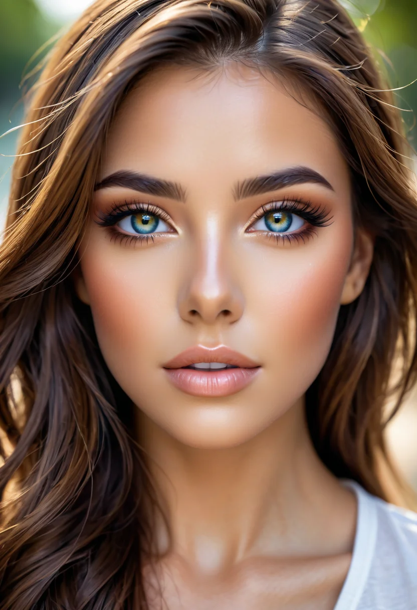 portrait of a beautiful israeli woman, face close-up, hyper detailed eyes, detailed skin with a flawless texture delicate and refined, smooth hair elegantly draped around her neck, full lips, wearing a white t-shirt, and jeans, waterfall in the background, natural lighting accentuates her natural beauty, supersharp focus, bokeh, style of Jovana Rikalo,