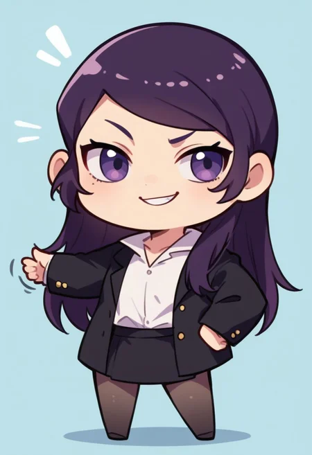 score_9, score_8_up, score_7_up, expressiveh, masterpiece, best quality, chibi, fca_style, girl standing, motion lines, 
1girl, shiorip2, long hair, swept bangs, dark purple hair, black blazer, white shirt, black skirt, one hand on hip, smug, smirk, one eyebrow raised other eyebrow lowered, standing
Facing viewer, blue background with red accent, full body, cowboy shot,simple background, source_anime, cute, chibi, kawaii, 2d color, simple color, simple shading, flat color, chibi body, chibi art style:1.1, fca_style, super deformer,