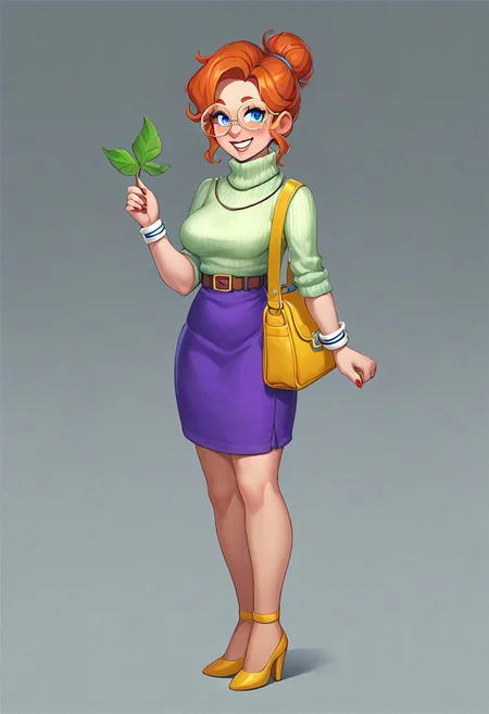 score_9, score_8_up, score_7_up, Casgas BREAK, 1girl, woman, mature, solo, pretty, smile, teeth, medium breasts, orange hair, bun hairstyle with dark blue elastic band, blue eyes, blush, freckles, red manicure, round glasses with light blue lenses, emerald turtleneck with thin stripes, rolled-up cuffs on the sleeves of the turtleneck, blue strap with silver buckle, belt with schlaufs, midi purple skirt, yellow low-heeled shoes with an ankle buckle, yellow bag with a green leaf, BREAK the right hand holds autumn leaves maple tree, a bag is hanging on his left arm, her left arm is slightly bent at the elbow, standing, full body shot, full body, semi-sideways, half-sideways, looking at viewer, BREAK simple background, gradient background