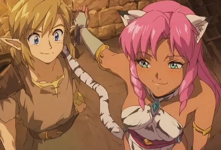 Pink_DragonPink, 1girl, sleeveless dress, white tiger print dress, pelvic curtain, cleavage, white tiger tail, red sash, small breasts, leather shoes, masterpiece, very aesthetic, smiling wide, <lora:pink-illustrious:1>, 
Break
1boy,Anime screencap,link (zelda),blonde hair,blue eyes,pointy ears, low ponytail, sidelocks, wearing blue hyilian tunic, 
Break
Hyrule dungeon interior, treasure room, lots of gold and treaure chests surrounding link and pink, treasure chests everywhere, link and pink ecstatic finding so much treasure