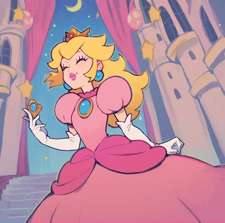 score_9, score_8_up, score_7_up,score_5_up, score_4_up (Source super mario bros), (rating safe), <lora:PrincessPeachXL:0.7>, princess peach, blonde hair, earrings, princess peach walking inside castle, wearing pink dress, smile, elbow gloves, pink lipstick,