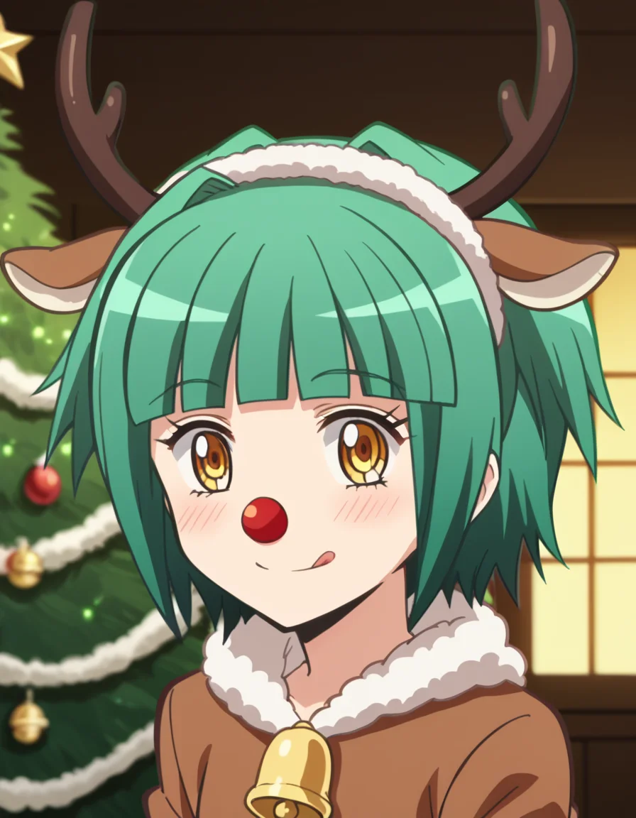 score_9, score_8_up, score_7_up, source_anime, <lora:kaede-kayano-s1s2-ponyxl-lora-nochekaiser:1>, kaede kayano, short hair, bangs, brown eyes, yellow eyes, green hair, hair intakes, anime screencap,, <lora:reindeer-costume-ponyxl-lora-nochekaiser:1>, reindeer costume, animal costume, reindeer antlers, antlers, fake antlers, reindeer hood, christmas, red nose, deer ears, deer tail, christmas tree, bell, horns, reindeer,, blush, smile, tongue out, looking at viewer,, , dutch angle, cowboy shot