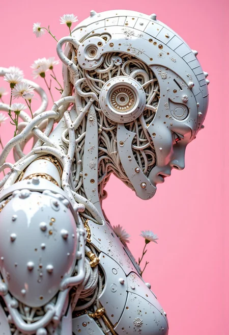 In this captivating image, a zoomed-in view showcases the harmonious blend of classical elegance and modern innovation. Beneath the smooth porcelain surface, an intricate network of tree-like branches replaces traditional wires and pipes, intricately connecting the beautifully designed armor components. This fusion of timeless artistry and visionary architecture is brought to life through a meticulously crafted exoskeleton, inspired by ancient civilizations armor but reimagined in a contemporary, modular style. At the center stands an imposing figure, draped in a sharp and smooth geometric exosuit seamlessly integrating into the architectural surroundings. The suit is adorned with finely floral detailed engravings, echoing the delicate classical motifs, including laurel wreaths, scrolls, and stylized floral patterns. Chamomile flowers bloom from the openings between the chassis and around the head, adding a natural touch. The exosuit's exterior features angular, interlocking panels forming an exoskeletal structure. bright pink background, illuminated by a single light source that casts dramatic, exaggerated shadows.