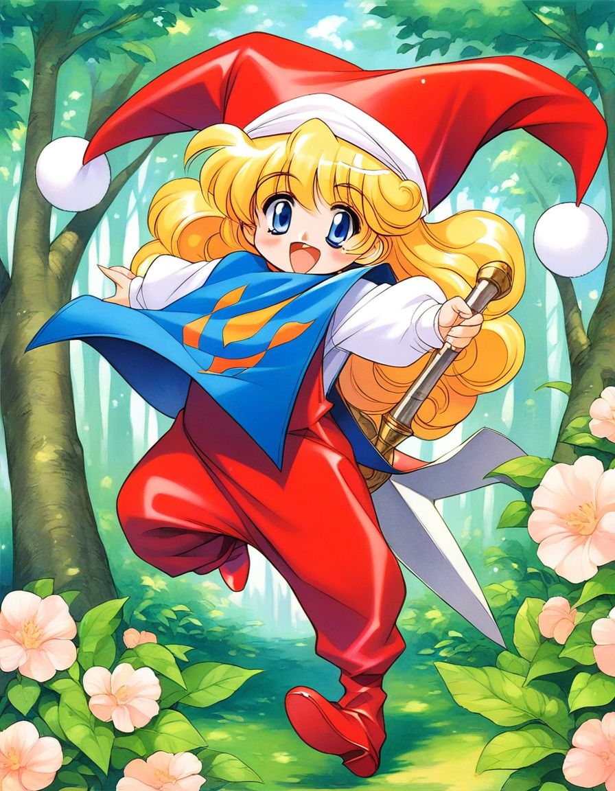 score_9, score_8_up, score_7_up, source_anime, rating_explicit, BREAK  <lora:Charlotte_seiken_densetsu3_XL:1>
Charlotte_seiken, 1girl, blonde hair, solo, hat, forest, 
full body, long hair, blue eyes, open mouth, retro artstyle, curly hair, smile, jester cap, holding, weapon, red footwear, long sleeves, tabard,