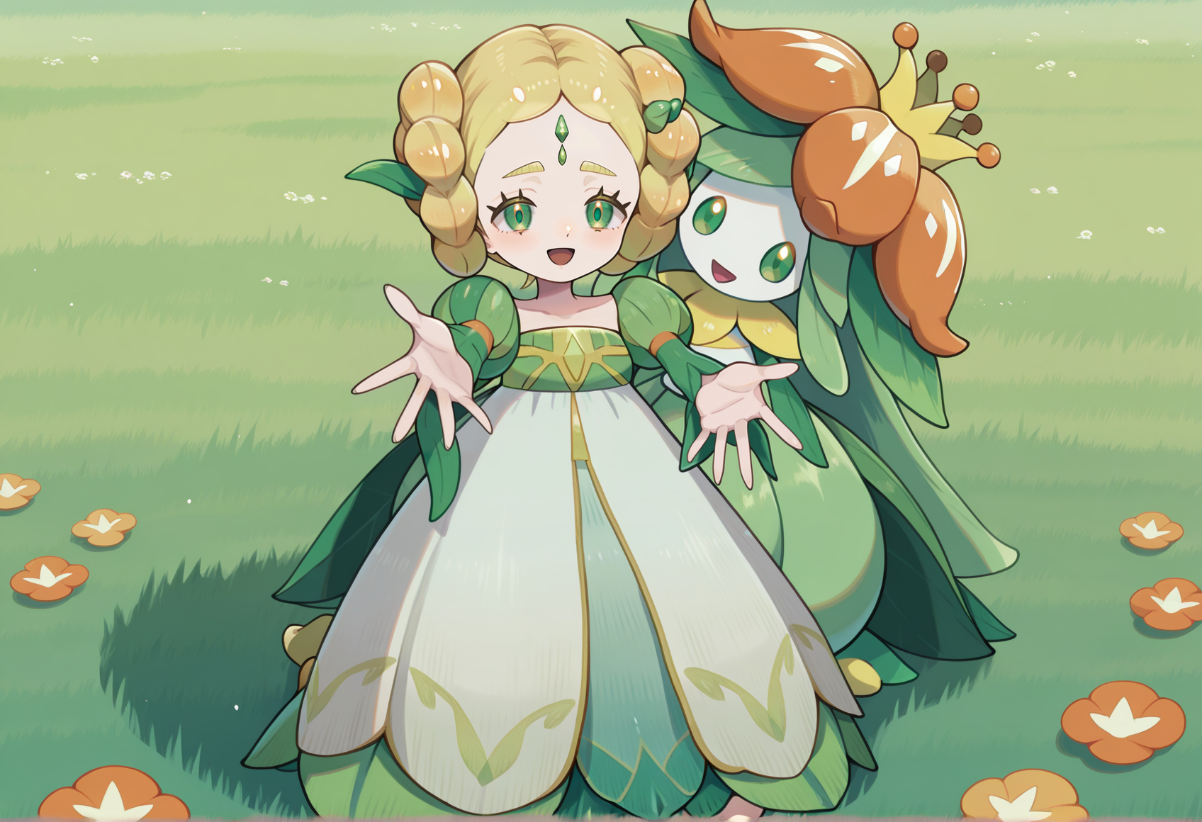flower field,  outdoors,pokemon \(creature\), lilligant, 
BREAK
1girl, blonde hair, double bun, braided bun, thick eyebrows, green eyes, hair ornament, jewelry, white dress, puffy sleeves, long sleeves, outdoors, barefoot, ankle, forehead jewel, flower field, kneeling, pokemon \(creature\), lilligant, reaching towards viewer, smile, open mouth <lora:Hewynn_AFK:1>
BREAK
 flower field,  outdoors,pokemon \(creature\), lilligant,, masterpiece, best quality, amazing quality, very aesthetic, absurdres, highres, newest