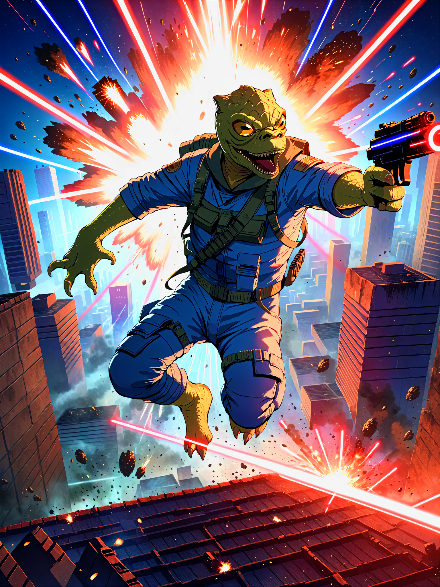 trandoshan alien in military overalls,roof of a city,jumping,laser gun,cinematic angle,action,masterpiece,dynamic,lasers,night,explosion<lora:trandoshanV2>