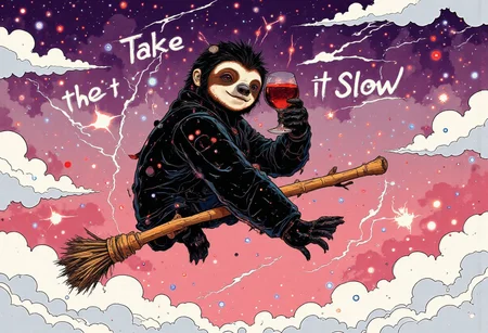 A whimsical and humorous painting of a black sloth sitting confidently on a broomstick, flying above soft, fluffy clouds. The sloth is depicted holding a glass of red wine aloft in one hand, exuding a relaxed and carefree attitude. The background features a gradient sky transitioning from deep purple to soft pink, suggesting a serene twilight atmosphere. The phrase "Take It Slow" is painted in simple text next to the sloth, adding a playful touch to the composition. The art style is minimalistic with bold, clean lines and a painterly texture, emphasizing the surreal and humorous tone of the image. The overall mood conveys charm, relaxation, and a sense of lighthearted mischief.
