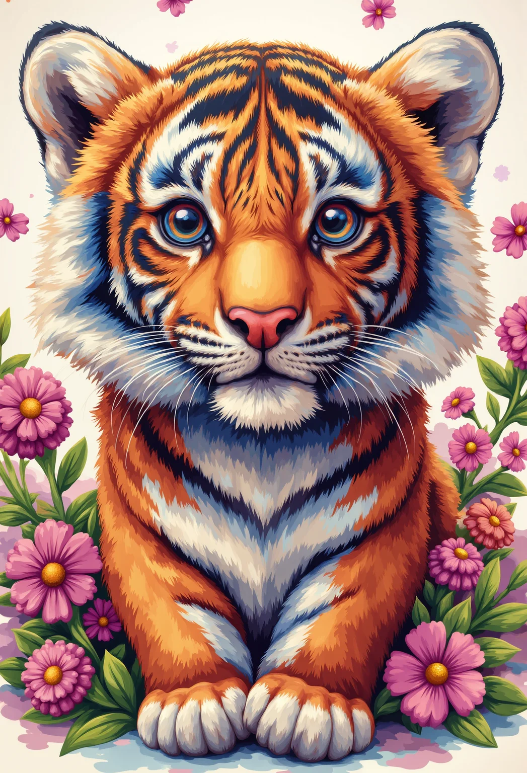 A detailed illustration of a print of a cute colorful baby tiger, fantasy flower splashes, modern t-shirt design, Studio Ghibli style, light white, violet and pink pastel tetradic colors, 3D vector art, cute and quirky, art fantasy, watercolor effect, bokeh, Adobe Illustrator, hand drawn, digital painting, low-poly, soft lighting, aerial view, retro aesthetic, character focused, 4K resolution, photorealistic rendering, using Cinema 4D