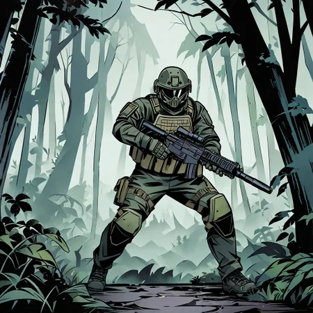 high-definition 8k comics artwork in dgst art style of an special forces soldier wearing tactical armor standing in a thick forest with fog, holding a gun, full body, action pose
