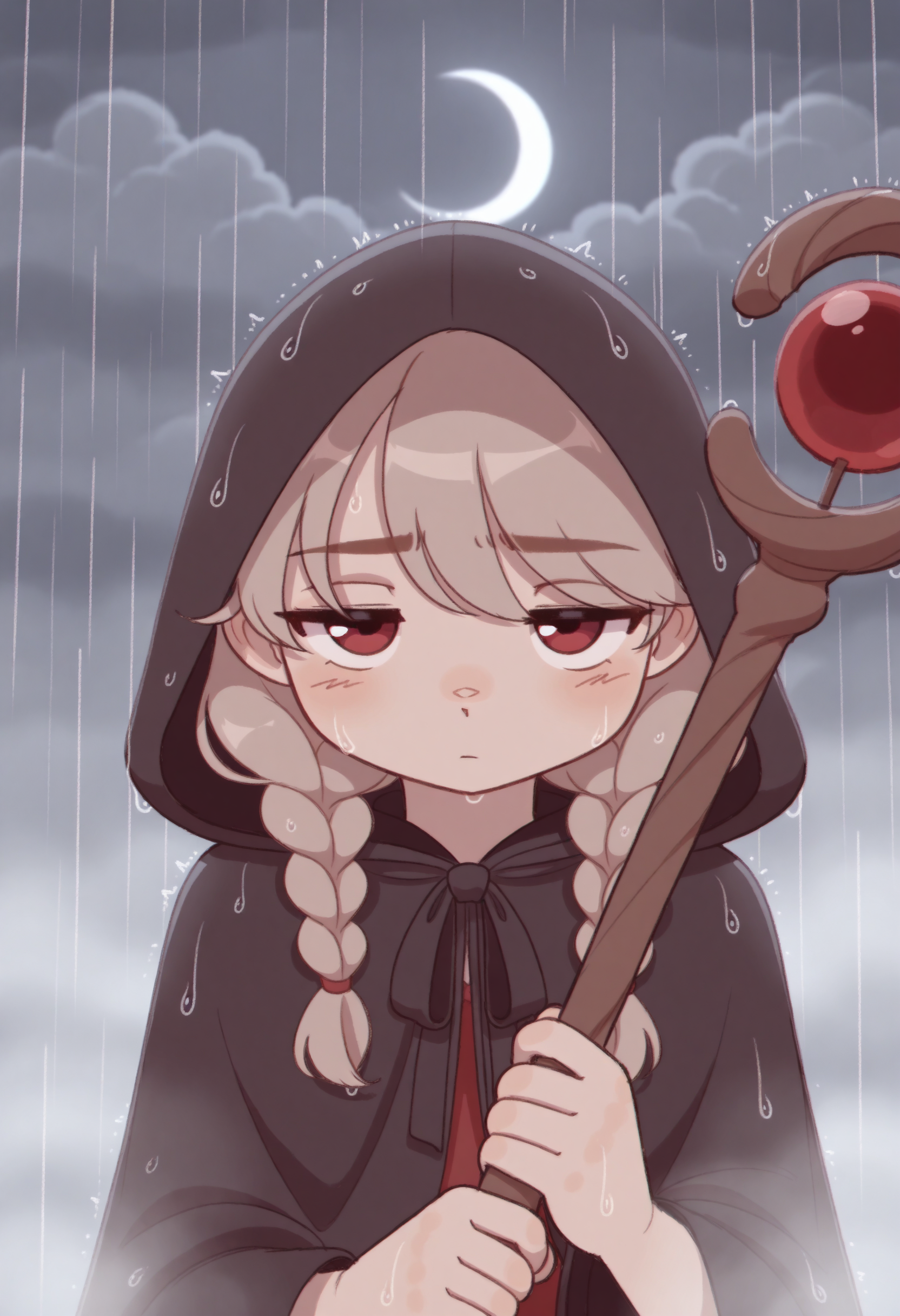 masterpiece, best quality, amazing quality, very aesthetic, high resolution, very awa,
1girl, face focus, twin braids, jitome, cloud, crescent moon, fog, holding mage staff, rain, hood up, cloak, [(realistic:0.5)::0.2],
, <lora:NOOB_EPSv1_1_detailer_by_vlnvk_v1_0:1>
, <lora:spo_sdxl_10ep_4k-data_lora_webui:.5>
,  <lora:cudlil:.6> cudlil
