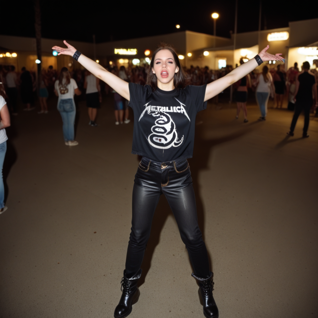 1girl, wearing a Metallica t-shirt, metallica logo, metallica_coffin design, she has black jeans, boots, she is at a night party, ultra quality, ultra detailed, 8k ,  kxkx, 
metallica_black, mtbl <lora:Rock__Metal_T-shirts_Metallica_-_Black_-_Pony_-000010:1>
