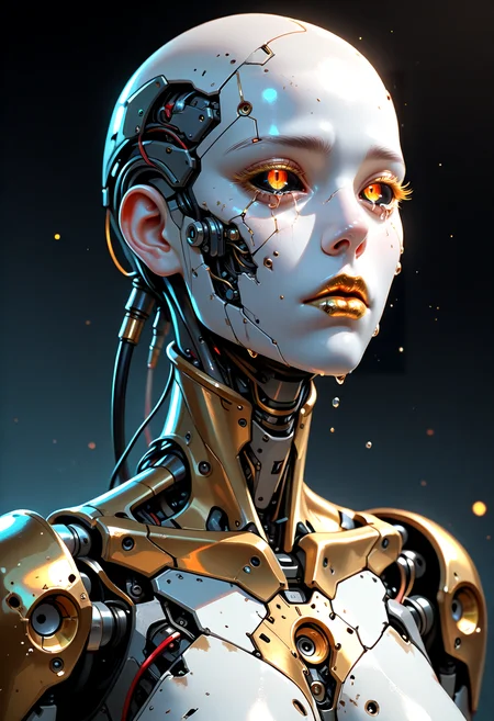 mechanical parts, solo, damaged, android, science fiction, cable,, 1girl, cyborg, portrait, , , bald, robot, black sclera, cyberpunk, gold pupils, white skin, gold, wires, , gold lips, cyberpunk, single tear, expressionless, crying with eyes open, colored eyelashes,,