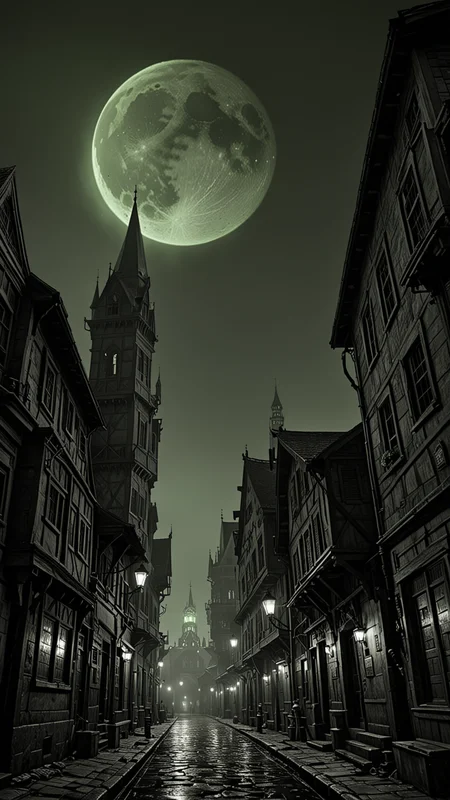 The city of yharnam, oil painting, Green moon, realistic, extreme detail, scary, terrifying, dark and warm environment, From Below, 8k, Epic, (Use Dream Diffusion Secret Prompt), <lora:Black__White_One_Accent_Color_-_By_Dice:1>, (Black and white image, Green Accent), UHD