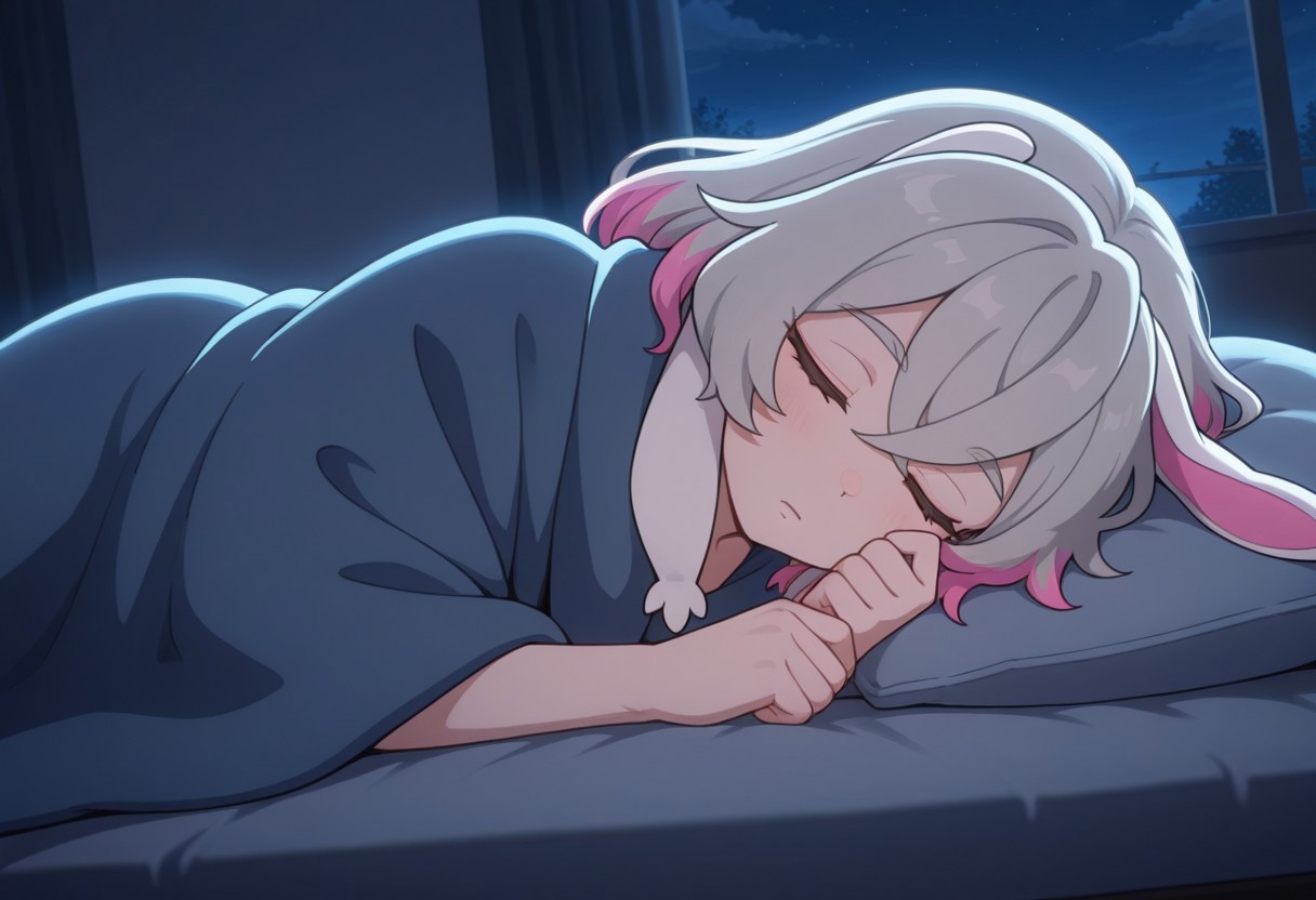 masterpiece,best quality,amazing quality, Pr3me, Multicolored Hair, lying, on side, sleeping, night, indoors, blanket, rabbit ears