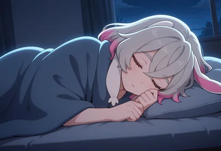 masterpiece,best quality,amazing quality, Pr3me, Multicolored Hair, lying, on side, sleeping, night, indoors, blanket, rabbit ears