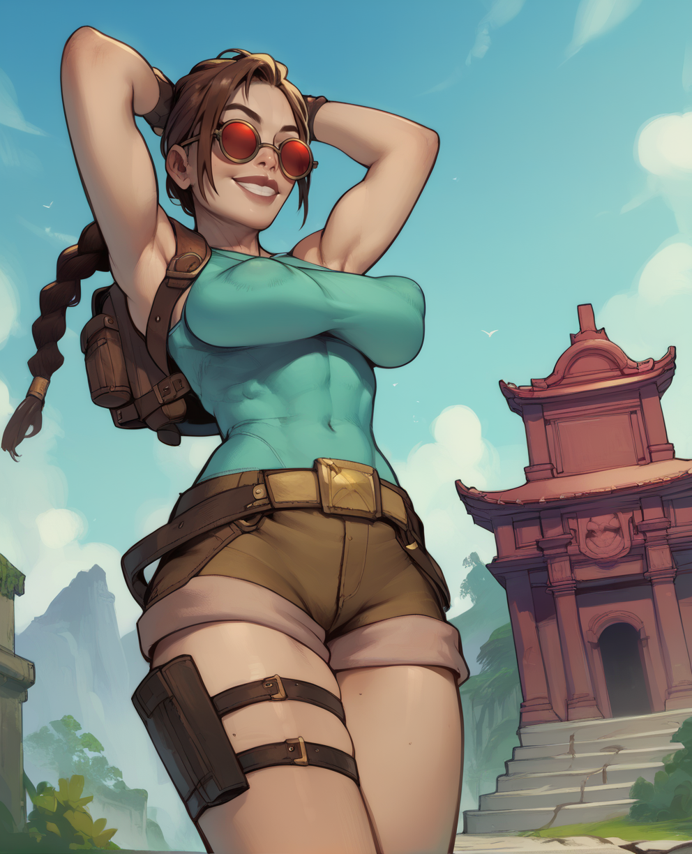 score_9,score_8_up,score_7_up,score_6_up,score_5_up,score_4_up,
laraxl,braid,single braid,sunglasses,
fingerless gloves,short shorts,tank top,backpack,belt,thigh holster,arms up,sagging breasts,covered nipples,
temple,outdoors,dawn,from below, 
light smile,
<lora:LaraCroftR:0.9>,