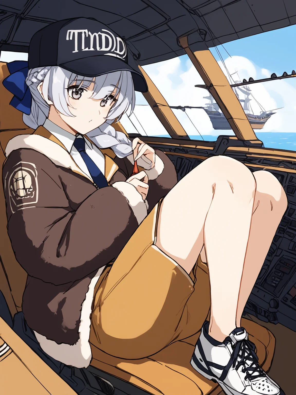 score_9, score_8_up, score_7_up, score_6_up, source_anime, BREAK
1girl, <lora:FMP_Teletha_Testarossa_Pony_v1:1>, (ultra-detailed:1.5), (indoors, ship, cockpit, silver room, metal walls:1.5), detailed face, detailed eyes, telethacapn, long sleeves, white shirt, collared shirt, grey hair, braid, necktie, grey eyes, crown braid, braided ponytail, low ponytail, blue bow, military uniform, wing collar, black necktie, hair over shoulder, brown jacket, brown skirt, pencil skirt, miniskirt, emblem, bare legs, thighs, (white sneakers:1.1), (bomber jacket:1.5), brown jacket, cap, BREAK
sitting, chair, playing with own braid,
