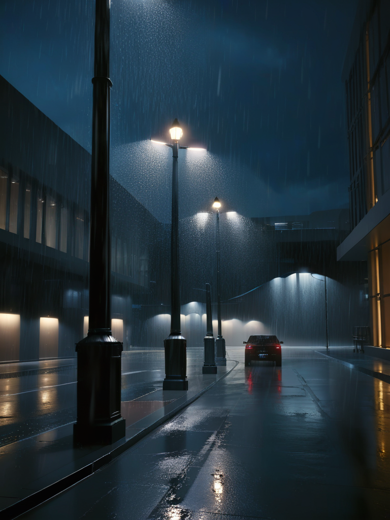 <lora:3DCyberpunkStyle_Hap_XL:1.3>, masterpiece, ,3d render,night, rain, scenery, no humans, lamppost, outdoors,night, building, sky, lights, motor vehicle,shadow play,  metallic surfaces, artificial lighting, visual effects, immersive atmosphere, metallic structures,  no people