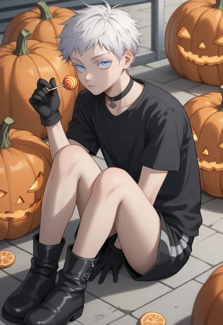 score_9, score_8_up, score_7_up, score_6_up, score_5_up, zPDXL3, source_anime, masterpiece, newest, highly detailed, absurdres, rating_safe, solo, 1boy, male focus, yg_gojo, white hair, blue eyes, colored eyelashes, black shirt, black shorts, bare legs, black boots, choker, candy, gloves, food, lollipop, shorts, sitting, looking at viewer, halloween, black gloves, gloves, bat /(animal/), (slim, skinny), perfect face, cowboy shot, close-up, intricate detail, petite, twink, skin texture, cute, pretty, carved pumpkins, closed mouth, horror /(theme/), gloomy atmosphere, dim light, neon lights,