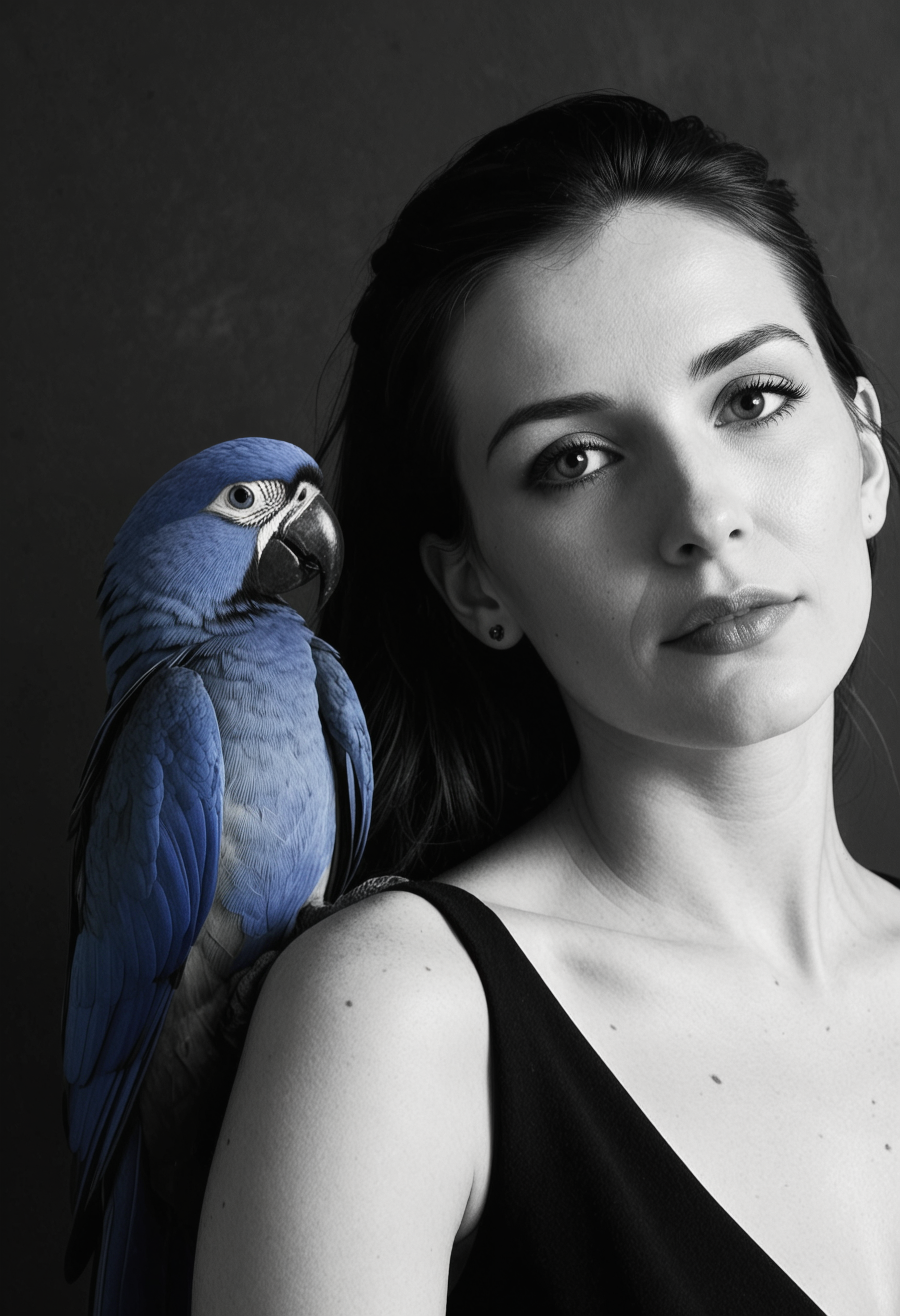 Black-and-white portrait photo of a woman, accompanied by a striking pop of color from her companion electric blue parrot. Contrast between the high-contrast black and white tones of the woman's visage and the bold, saturated hues of the bird perched upon her shoulder, color accent, dress