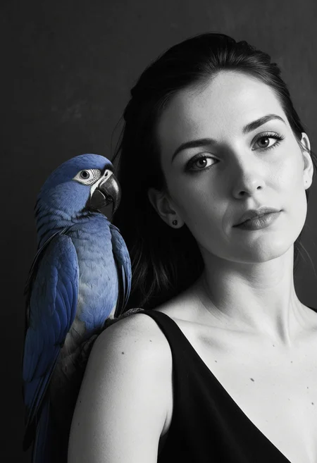 Black-and-white portrait photo of a woman, accompanied by a striking pop of color from her companion electric blue parrot. Contrast between the high-contrast black and white tones of the woman's visage and the bold, saturated hues of the bird perched upon her shoulder, color accent, dress