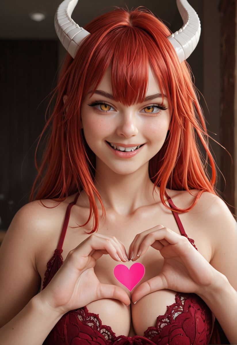 1girl, masterpiece, gold eyes, red hair, dragon girl, fang, tongue, upper body, close-up, cleavage, heart hands, smile, looking at viewer, smug,