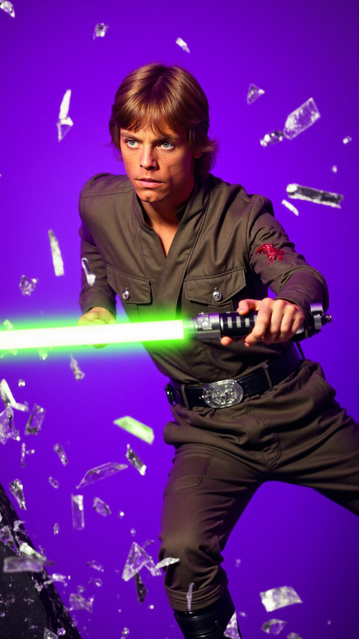 <lora:Luke_Skywalker_-_Young:0.9> A dynamic, high-energy scene captures Luke Skywalker training with a (green lightsaber) mid-action as he bursts through a shattered glass surface, shards flying in all directions. The background is a solid, vivid purple, creating a stark, intense contrast with the sharp, reflective fragments of glass. He wears a jediotfit slightly torn and bloodied from the impact. His body is marked with small cuts from the glass, droplets of blood glistening under the light. His expression is one of pure fury, his eyes locked onto the viewer as if they are the target of her rage. His pose is explosive, one leg extended forward as if heâs leaping through the air, his arms raised defensively or ready to strike. The glass shards around him are frozen in mid-air, their jagged edges catching the light and creating a chaotic, almost surreal effect. The purple background amplifies the intensity of the moment, evoking a sense of danger and raw emotion. The atmosphere is charged with adrenaline, the aftermath of his violent breakthrough palpable in every detail. The image feels as if itâs happening directly in front of the viewer, Luke Skywalkerâs momentum and the flying glass creating a sense of immediacy and immersion. Itâs a moment of chaos and power, a snapshot of rage and determination frozen in time. The combination of the purple backdrop, the sharp glass, and Luke Skywalkerâs fierce expression makes for a visually striking and emotionally charged composition. He goes forward, driven by duty and the promise of glory