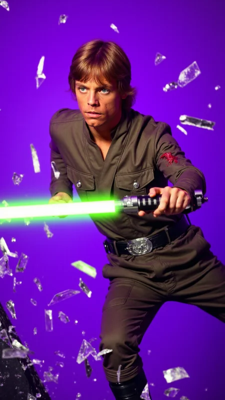 <lora:Luke_Skywalker_-_Young:0.9> A dynamic, high-energy scene captures Luke Skywalker training with a (green lightsaber) mid-action as he bursts through a shattered glass surface, shards flying in all directions. The background is a solid, vivid purple, creating a stark, intense contrast with the sharp, reflective fragments of glass. He wears a jediotfit slightly torn and bloodied from the impact. His body is marked with small cuts from the glass, droplets of blood glistening under the light. His expression is one of pure fury, his eyes locked onto the viewer as if they are the target of her rage. His pose is explosive, one leg extended forward as if heâs leaping through the air, his arms raised defensively or ready to strike. The glass shards around him are frozen in mid-air, their jagged edges catching the light and creating a chaotic, almost surreal effect. The purple background amplifies the intensity of the moment, evoking a sense of danger and raw emotion. The atmosphere is charged with adrenaline, the aftermath of his violent breakthrough palpable in every detail. The image feels as if itâs happening directly in front of the viewer, Luke Skywalkerâs momentum and the flying glass creating a sense of immediacy and immersion. Itâs a moment of chaos and power, a snapshot of rage and determination frozen in time. The combination of the purple backdrop, the sharp glass, and Luke Skywalkerâs fierce expression makes for a visually striking and emotionally charged composition. He goes forward, driven by duty and the promise of glory