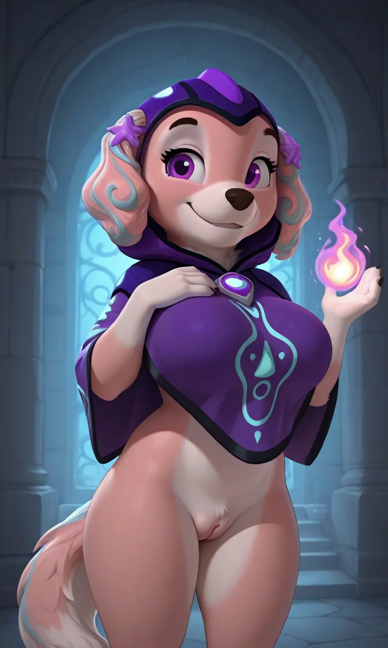 detailed fluffy fur texture, impasto impressionism, zackary911, Zaush, detailed eyes, solo, furry, anthro, CoralV2pp, domestic dog, female, purples eyes, light pink fur, cream body, fur body, curvy, detailed fluffy fur texture, inner fluff ears, from front, standing, hood, poncho, magic, magic circle, fire, interior castle background, 1girl, smile, pussy, labia, Big Breasts, presenting pussy, presenting Breasts,