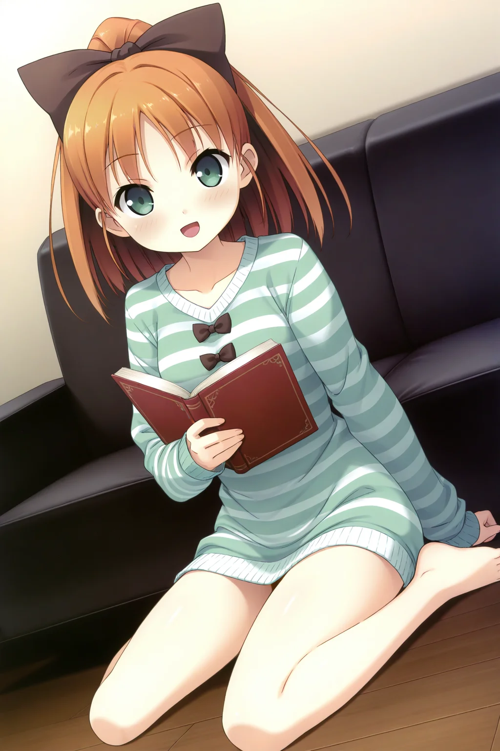 masterpiece, best quality, absurdres, official art, official style, rating general BREAK <lora:minagawayuuhi_IL_v1-1:0.7>, minagawa yuuhi, 1girl, solo, open mouth, green eyes, brown hair, orange hair, short hair, high ponytail, wide ponytail, hair bow, large bow, black bow, medium breasts, green sweater, ribbed sweater, breast bow, long sleeves, sleeves past wrists, no pants, bottomless, bare legs, barefoot, collarbone, blush, smile, sitting, couch, dutch angle, holding book, striped sweater, toes, reading, legs, indoors, wooden floor