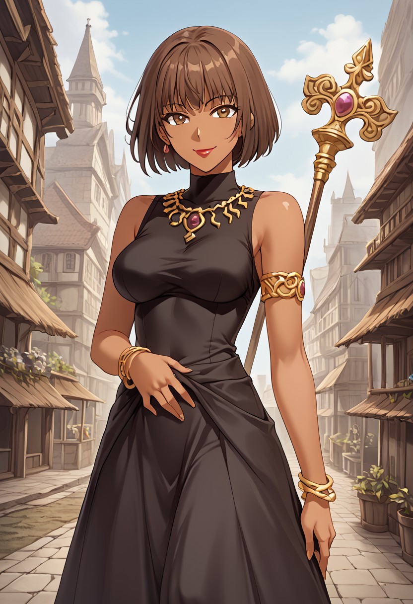 score_9,score_8_up,score_7_up,source_anime,5_figner,2d_animation,game cg,BREAK,1girl,solo,Milene,
short hair,brown eyes,brown hair,dark skin,lipstick,
bare shoulders,necklace,jewelry,armlet,staff,bracelet,long skirt,Belly button,
medium breasts,front view,upper body,smile,naughty face,looking at viewer,
Outdoor, old, town,
masterpiece,best qualit,ultra-detailed,illustration,an extremely delicate and beautiful,beautiful detailed eyes,unity 8k wallpaper,high resolution,anime CG,official_art,