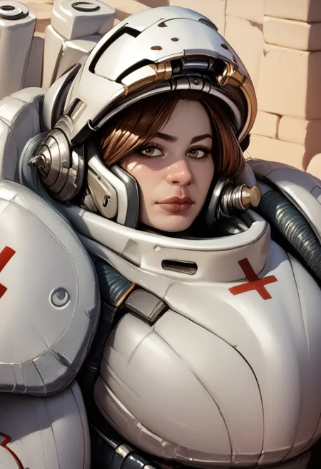score_9, score_8_up, score_7_up, score_6_up, score_5_up, score_4_up, zPDXL3, alp, dgns, Lt.Morales,1girl,solo,medic,power armor,helmet,armor,brown hair,brown eyes,shield,arm cannon,power suit,lips, (ultra realistic, 32k, masterpiece:1.2), (high detailed skin:1.1), (high quality:1.1)