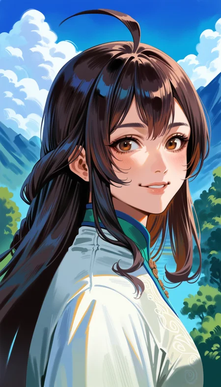 score_9,score_8_up,score_7_up,<lora:xinxianying>,xinxianying,1girl,solo,long black hair,bangs,ahoge,brown eyes,looking at viewer,smile,informal costume,portrait,outdoors,blue sky,cloud,mountain,