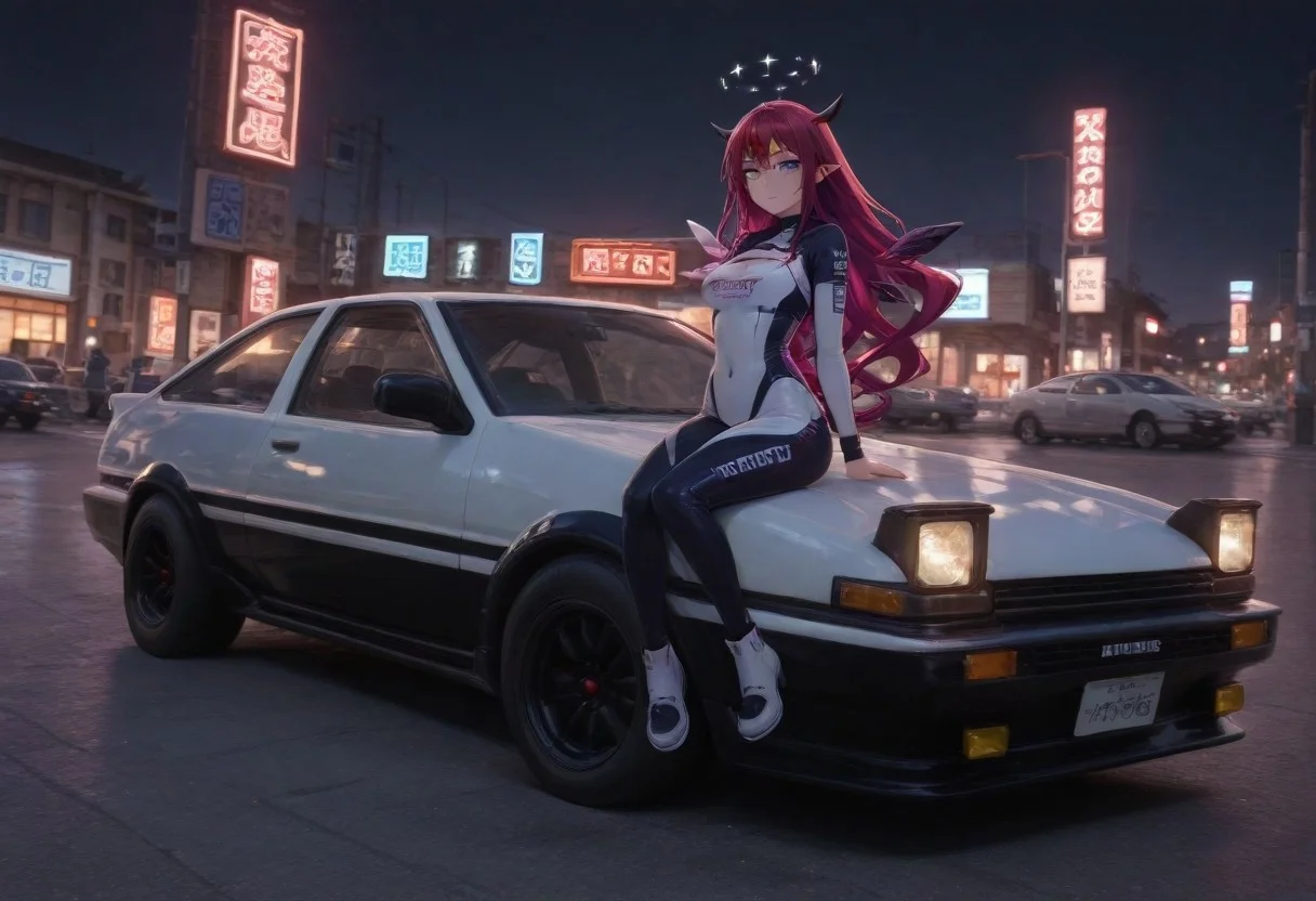 very awa, masterpiece, best quality, amazing quality, very aesthetic,
soft lighting, soft shadows,
irys, heterochromia, purple eye, blue eye, horns, double halo, detached wings, multicolored hair, purple hair, long hair,
race queen outfit, sitting on ae86 hood,
outdoors, street, tokyo, neon lights, night