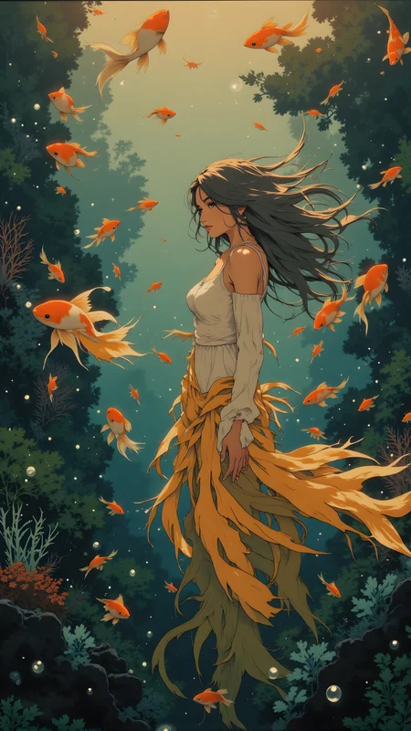 an artistic illustration of a woman with long, flowing hair and a dress that appears to be made of seaweed or aquatic plants she is surrounded by various fish including goldfish and koi swimming around her the background features an underwater scene with bubbles and coral formations creating a dreamy and magical atmosphere the colors are predominantly shades of blue and orange giving the image a warm yet serene feel the overall style is painterly with soft brushstrokes and a focus on capturing the fluidity of the water and the movement of the fish
j_art, anime, anime art, <lora:FLUX\jul\J_Anime:1.0>, <lora:FLUX\Anime Art V3:0.1>, <lora:FLUX\RM_Artistify_v1.0M:0.1>, <lora:FLUX\RetroAnimeS1.1:0.1>
