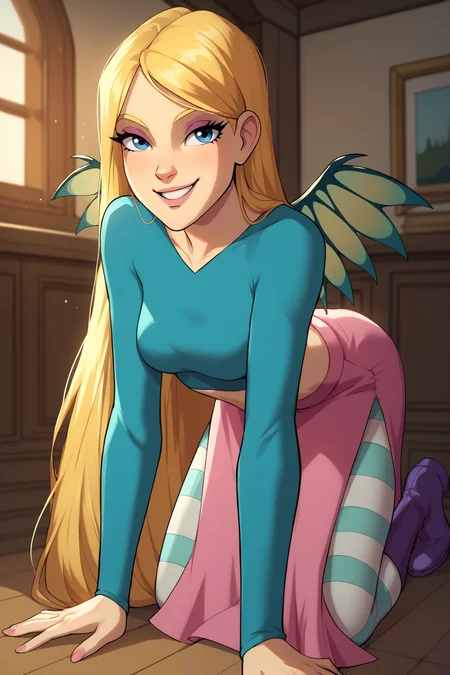 score_9, score_8_up, score_7_up, score_6_up, BREAK, CorneliaHaleWITCHXL, blue eyes, blonde hair, long hair, medium breasts, wings, aqua crop top, long sleeves, pink skirt, long skirt, striped thighhighs, purple boots, solo, full body, all fours, seductive smile, looking at viewer, indoors <lora:CorneliaHaleWITCHXL:1>