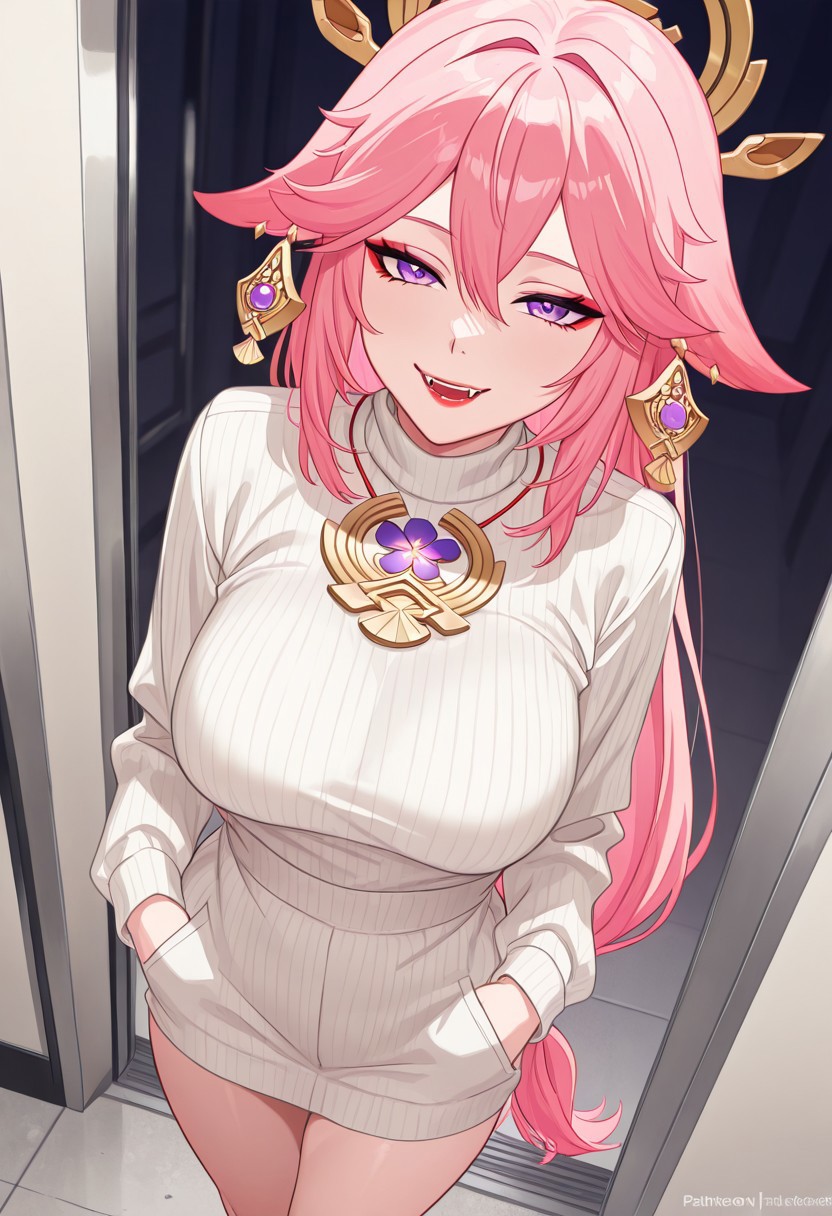 (8k resolution, absolute masterpiece, ultra detailed, best quality, masterpiece, colorful, highest detailed), (intricate details), (dynamic angle), Stunning illustration of Yae Miko, zzYaemiko, purple eyes, hair between eyes, hair ornament, long hair, low-tied long hair, pink hair, animal ears, fox ears,, egyptian eyeliner, red lips, fangs, direct sensual gaze, erotic, sexy, silhouetted in moonlight, detailed eyes<lora:add-detail-xl:-1.5> 
standing on a subway platform.happy expression, gazing downward. Hands in pockets. Natural, effortless pose. Subway platform, concrete floor, and dark gray walls. Low-light urban scene, with faint ambient light illuminating the space and platform. Focus on subject; background slightly blurred. Perspective is eye-level.