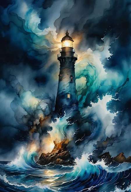 alcohol ink of majestic luminous lighthouse perched on rocky cliff, night, rain, powerful beam of dramatic spotlight, stormy night, tumultuous ocean background, focus colours navy and brown, subtle colours, swirling waves crash against the lighthouse base, dark clouds, transparent waves, brooding sea in darkness. heavy rain, rough sea, hyperdetailed, dramatic,