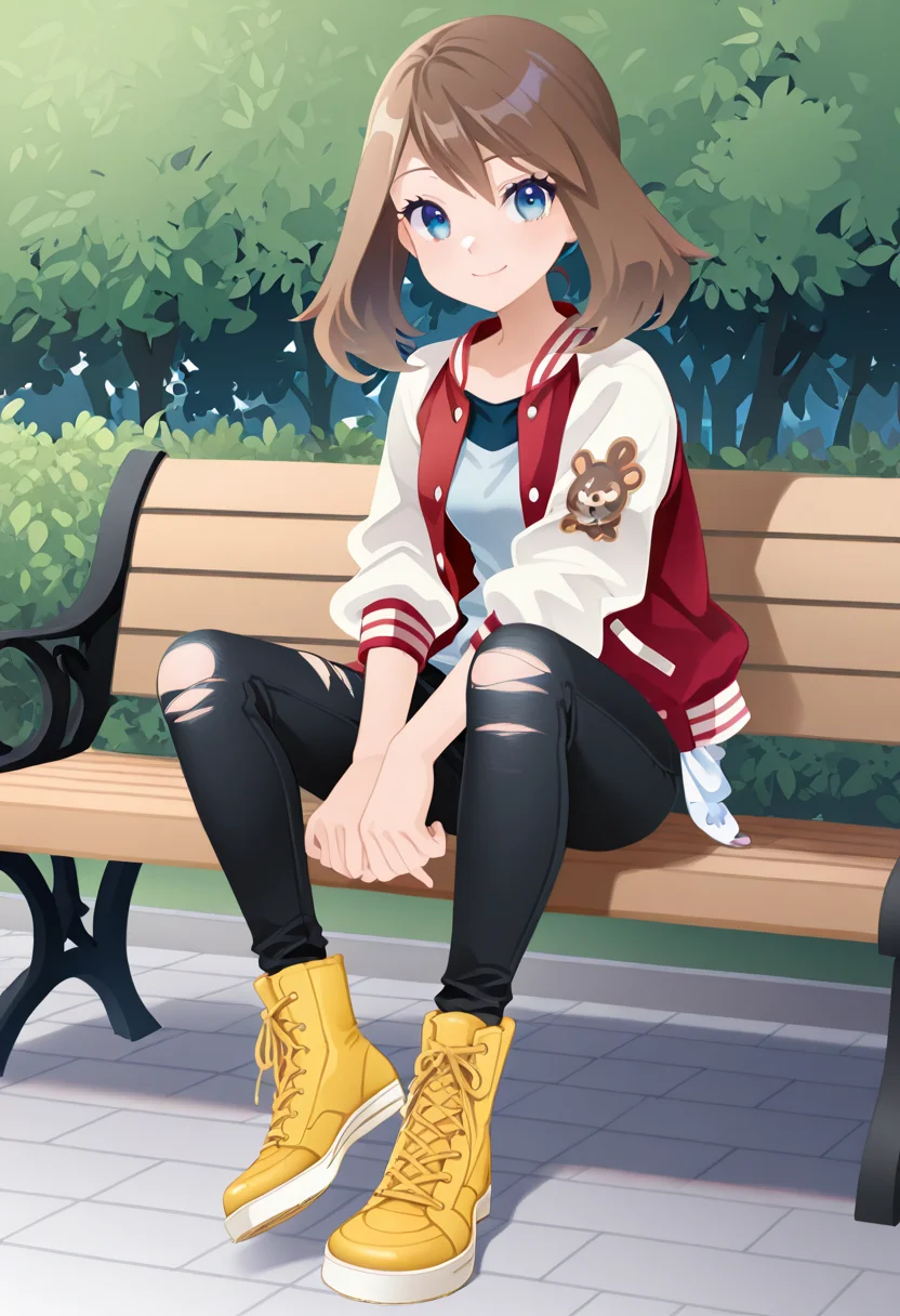 masterpiece, best quality, 1girl, solo, eyelashes, (beautiful eyes), smile, zzMay, solo, brown hair, blue eyes, medium hair, <lora:MayPokemonIXL_v2:1.0>, (sneakers, yellow footwear, foot focus, sitting), C0utur3Cr4z3, 1girl, solo, jacket, full body, boots, striped, pants, torn clothes, black pants, cross-laced footwear, lace-up boots, torn pants, letterman jacket, park, bench, <lora:CoutureCraze_IXL:1.0>,