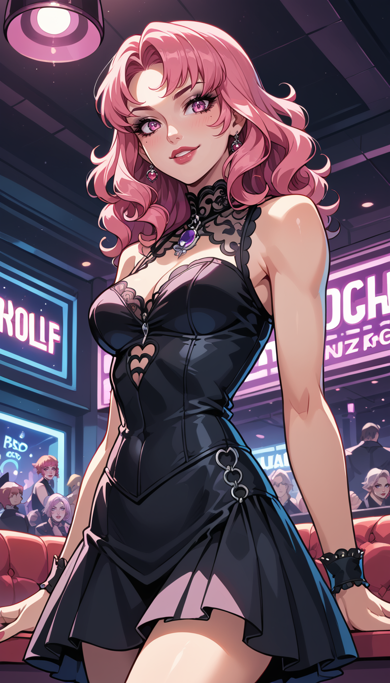 score_9, score_8_up, score_7_up, Western Comics, Cowboy Shot, girl, cute, seductive, innocent, light smile:0.3, plump lips, slender body, hard rock idol, curly pink hair, perfect eyes, in high detailed black gothic-suit, ultra-detailed gothic-dress, sleeveless top, short wide skirt, inside a nightclub, depth of field, dynamic angle, fashion photography, sharp, hyperdetailed:1.15