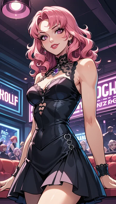 score_9, score_8_up, score_7_up, Western Comics, Cowboy Shot, girl, cute, seductive, innocent, light smile:0.3, plump lips, slender body, hard rock idol, curly pink hair, perfect eyes, in high detailed black gothic-suit, ultra-detailed gothic-dress, sleeveless top, short wide skirt, inside a nightclub, depth of field, dynamic angle, fashion photography, sharp, hyperdetailed:1.15