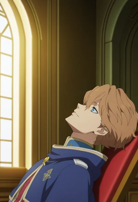 masterpiece, best quality, , anime screencap, anime coloring, official style, , 1boy, solo, male focus, <lora:langris_vaude_ilxl:0.9>, langris_vaude, brown hair, blue eyes, short hair, hair between eyes, , from side, palace, light, leaning back, relaxed,