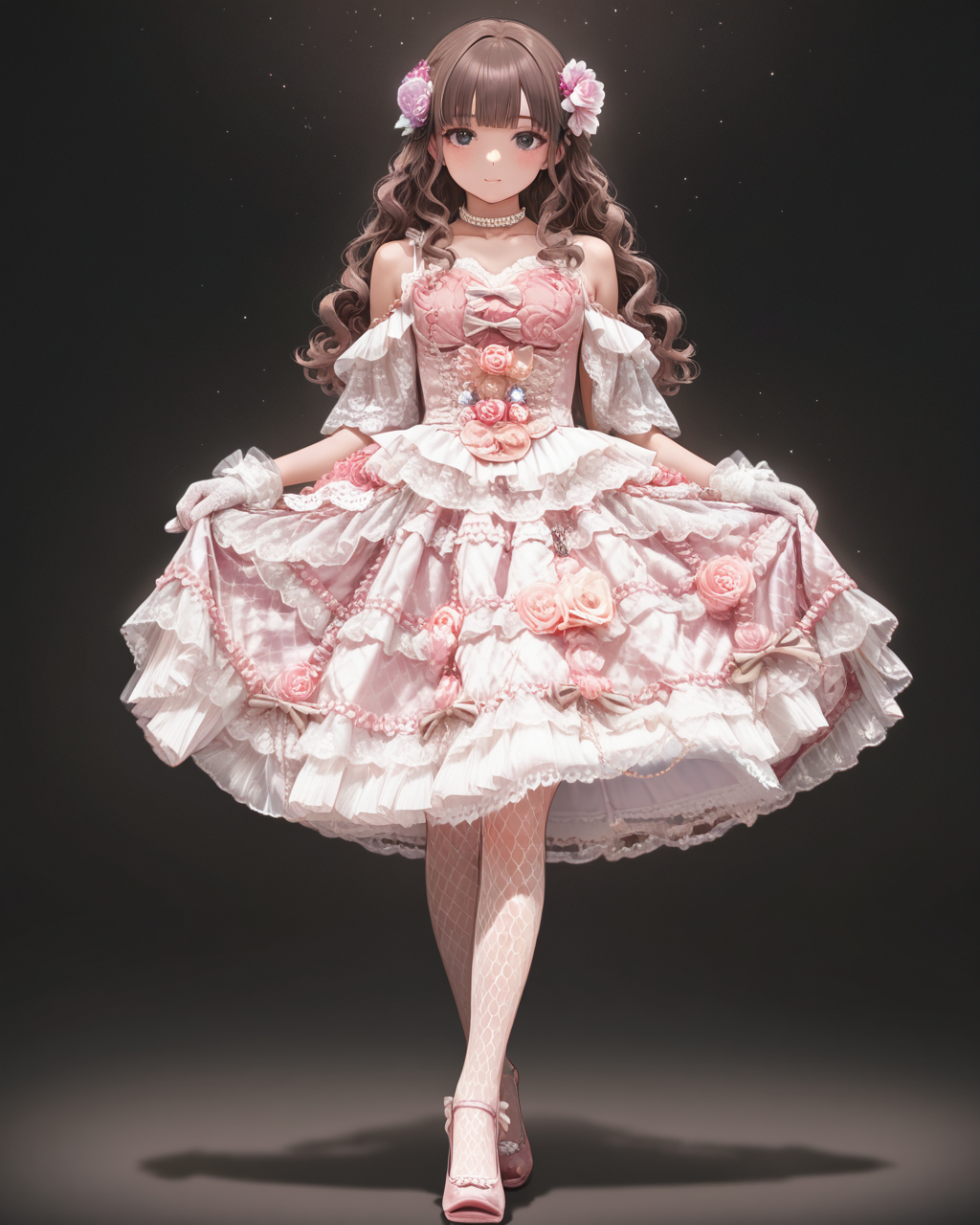 Positive: Masterpiece, best quality, amazing quality, very aesthetic, high resolution, ultra-detailed, absurdres,
1girl, solo, 
ev4r15,
brown hair, long hair, curly hair, wavy hair, blunt bangs, black eyes, bare hair,
pink lace tiered dress,
tiered,lace,frills,bare shoulders,pink flower,frilled dress,bow,jewelry,
lace gloves,white gloves,
choker,pearl necklace,
hair flower,hair ornament,
pink high heels,fishnet_pantyhose, 
black_background, star_\(sky\), standing, full_body, 

